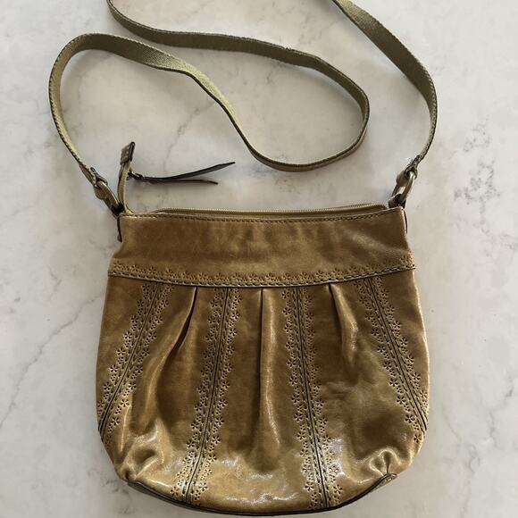 Genuine Leather Fossil Olive Green Shoulder Crossbody Bag Vintage Boho - Picture 1 of 9